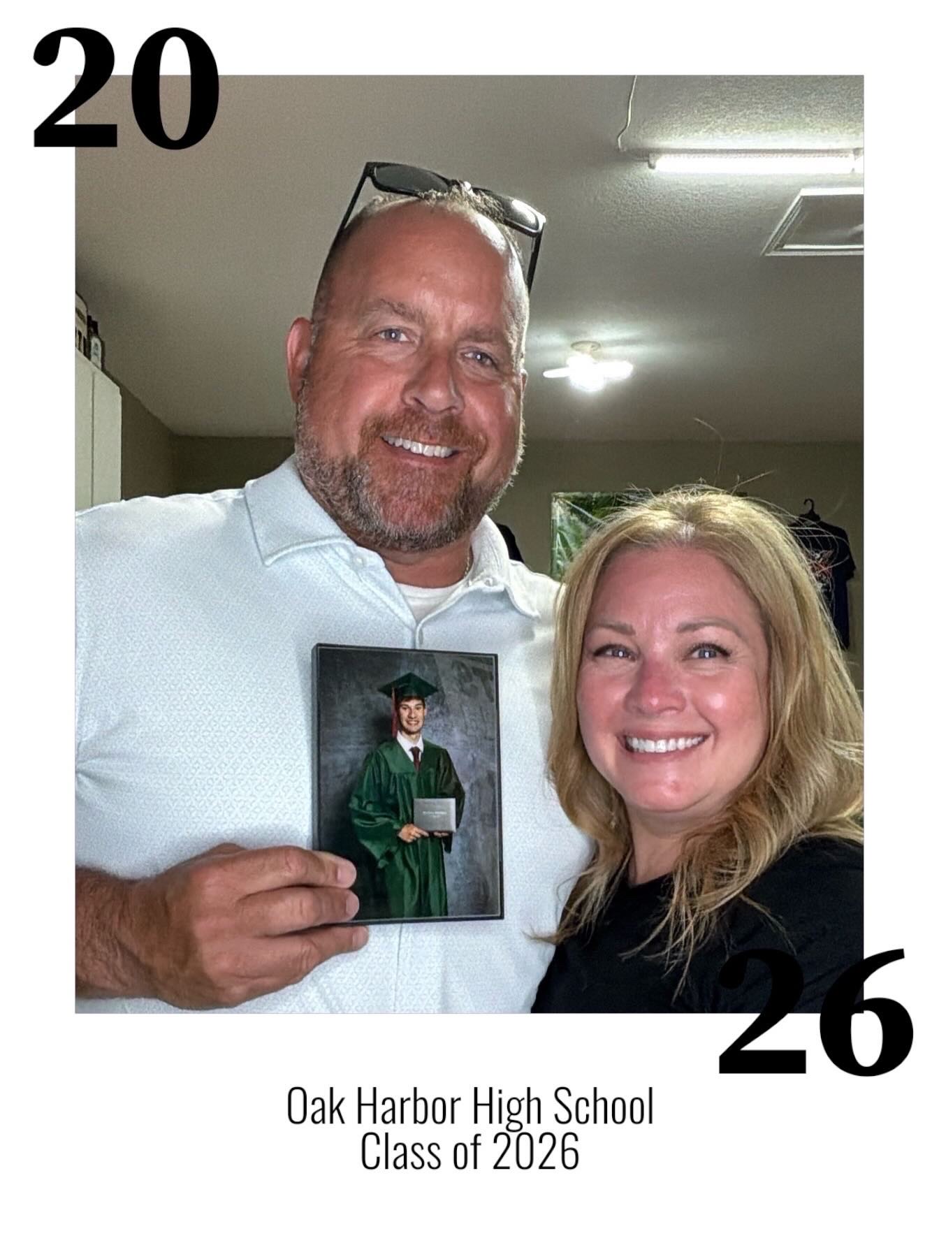 Graduation party guests smiling while holding a graduate portrait in a custom photo booth capture.
